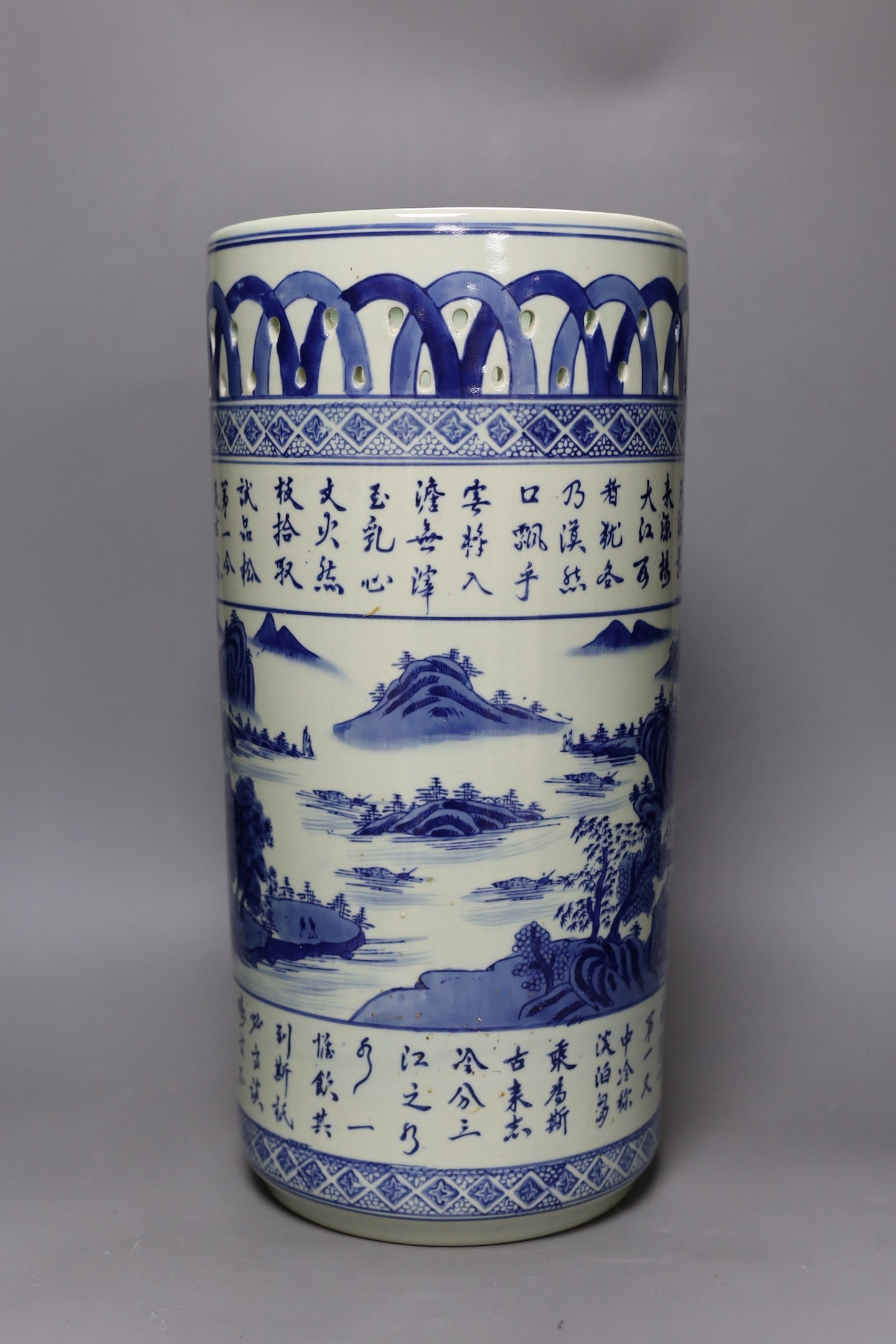 A Chinese blue and white umbrella / stick stand, 45cm